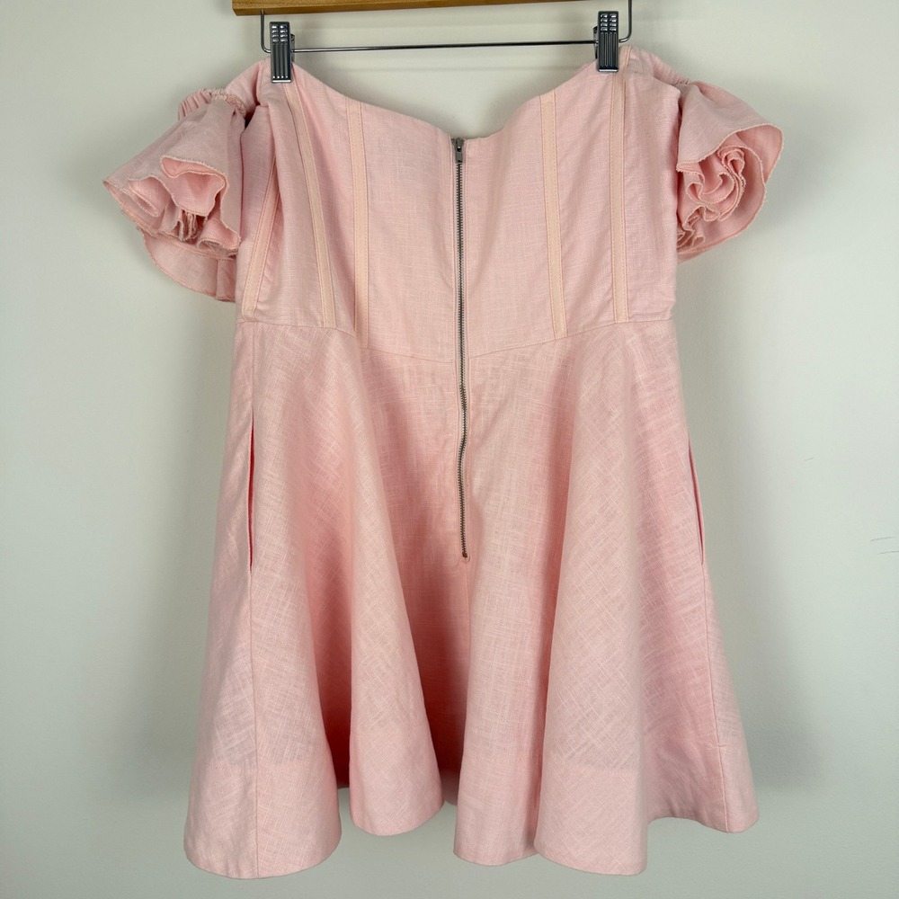 Bardot Pink Linen Corset‎ Mini Dress Women XL US 10 Ruffle Off Shoulder Coquette - Picture 6 of 9